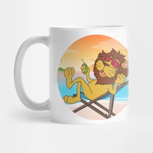 Lion Chilling At Beach With Sunset Comic Style Mug